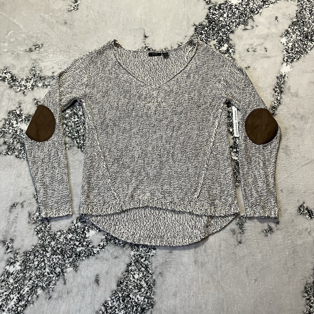 RDI Sweater Womens Sz S Gray White Knitted Brown Suede Elbow Patches V Neck